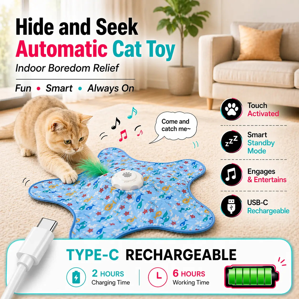 Interactive Automatic Cat Toy with Moving Feather – Rechargeable Hide and Seek Game for Indoor Entertainment for All Breeds